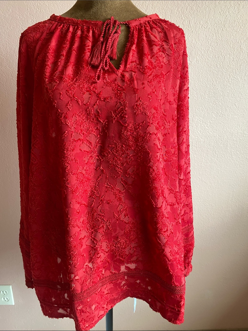CHICO’S Vibrant Red Lace Peasant Top with Tassel Tie